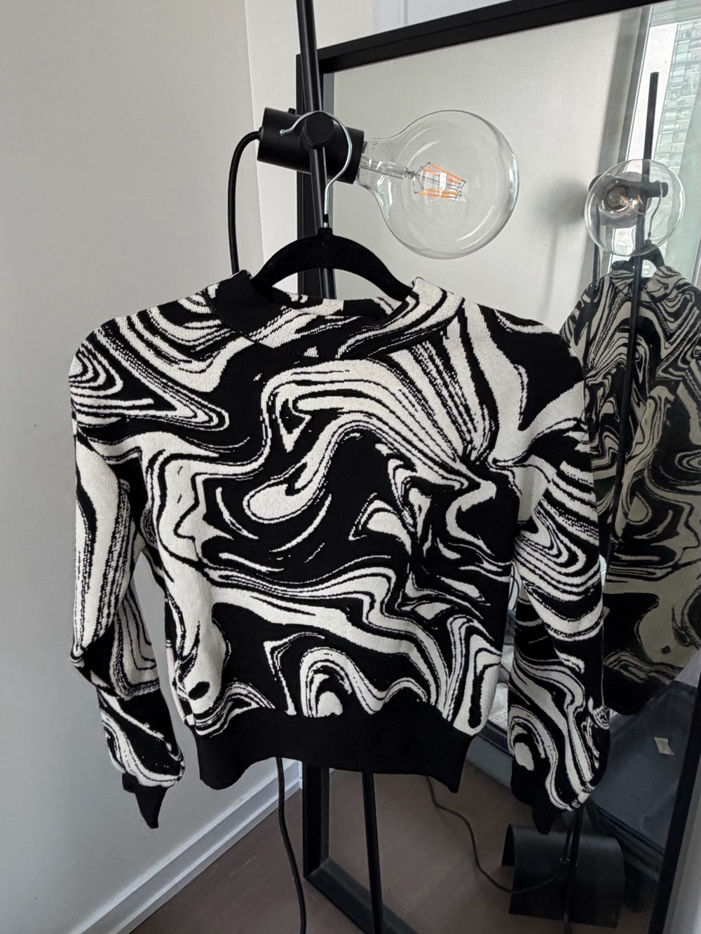 Mango Black & White Abstract Knit Sweater